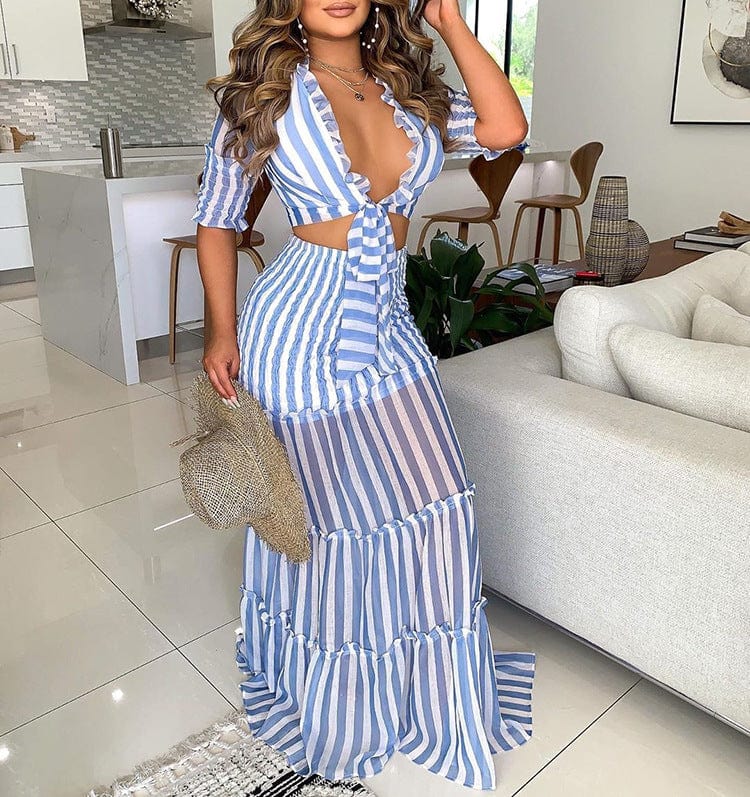 Caiheng Women's Long Dress With Striped Shirt And Short Sleeves Fashionable Women's Casual Long Sleeve Casual Dresses