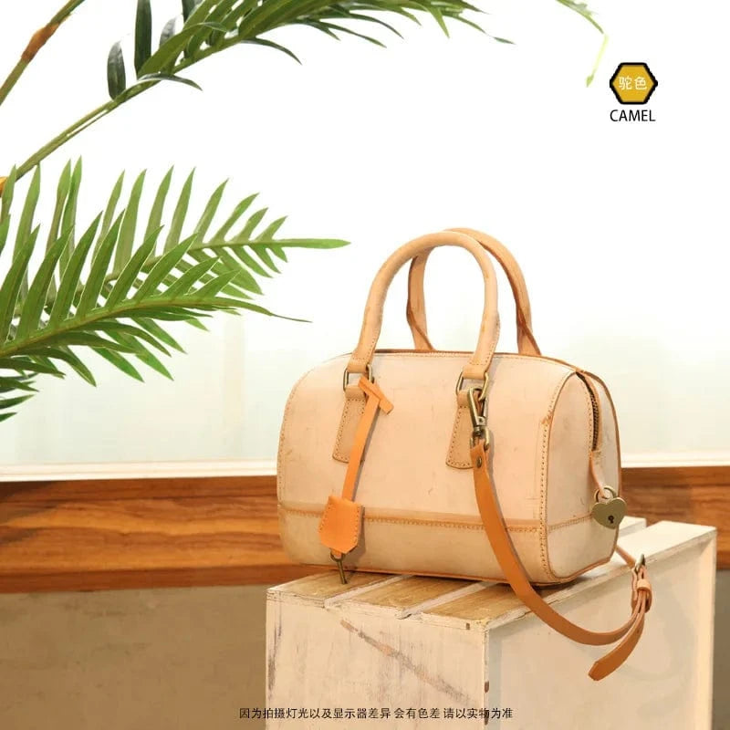 camel Wholesale New Hand-Made Vegetable Tanned Leather Large Capacity Handbag Genuine  Leather Vintage Sweet Style Handbag For Women