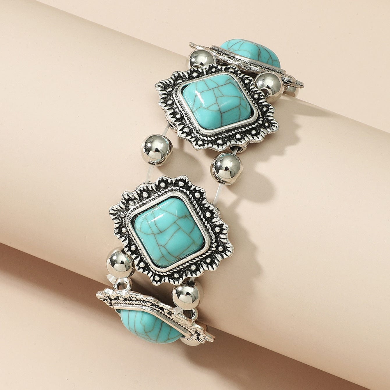 CARTER LISA Vintage Geometric Diamond Turquoise Inlaid Antique Silver Alloy Beads Elastic Bracelets Jewelry