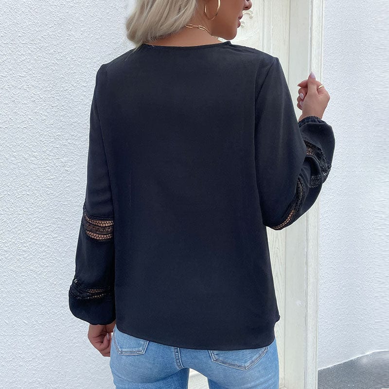 Casual designs fashionable long sleeve woman tops elegant blouses ladies office hollow out V neck plain plus sizes top blouse