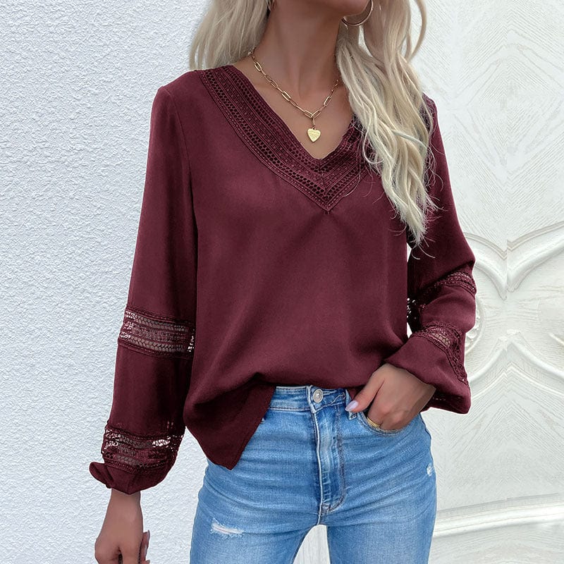 Casual designs fashionable long sleeve woman tops elegant blouses ladies office hollow out V neck plain plus sizes top blouse