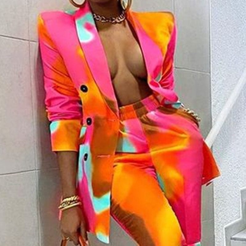 Casual Ladies' Trousers And Blazer Suit With Pockets Tie Dye Set Long Sleeved Fashion Suit Lapel Waist Coat Two-piece Suit