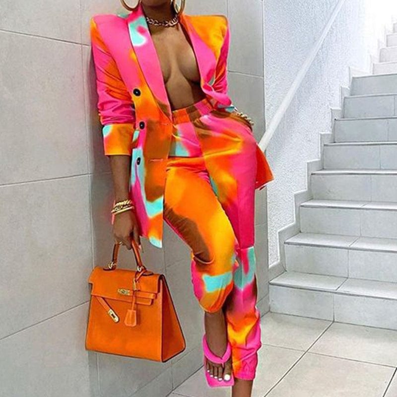 Casual Ladies' Trousers And Blazer Suit With Pockets Tie Dye Set Long Sleeved Fashion Suit Lapel Waist Coat Two-piece Suit