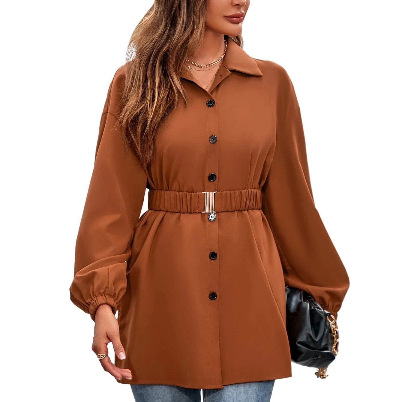 Casual Spring Autumn Women's Dress 2023 Fashion New Solid Color Shirt Collar Single Breasted Belt Women Shirt Coat