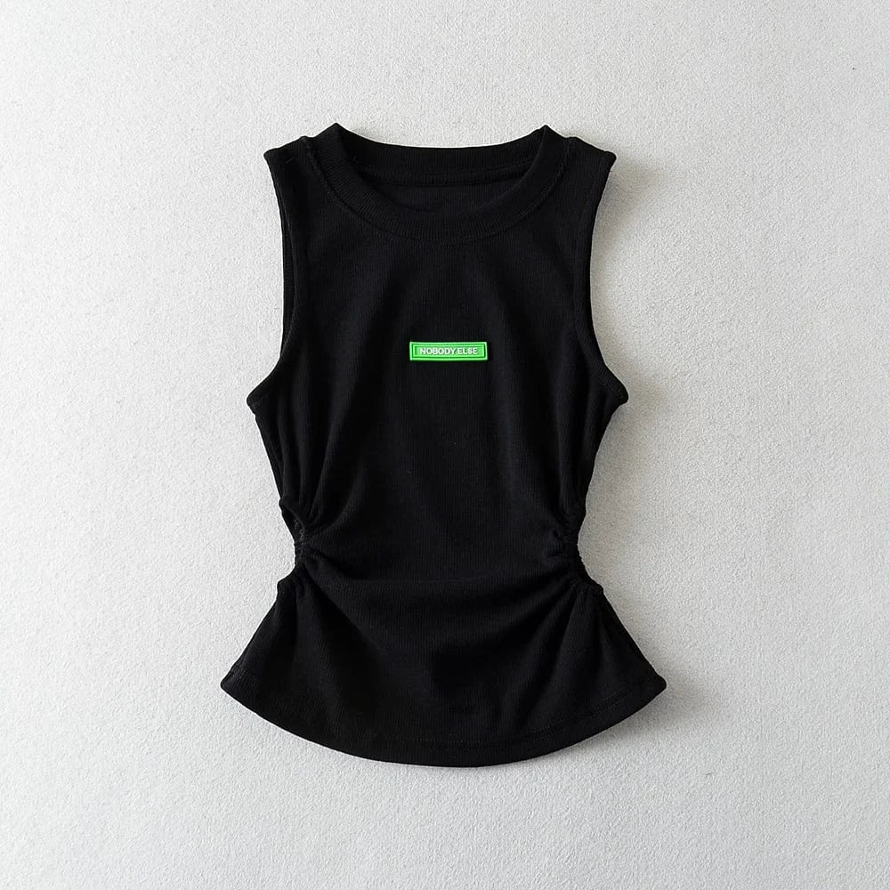 Casual Style Rubber tag Sleeveless Crew Neck Ruched Basic Tank Top Tight Waist Shirt Women's Tank Top