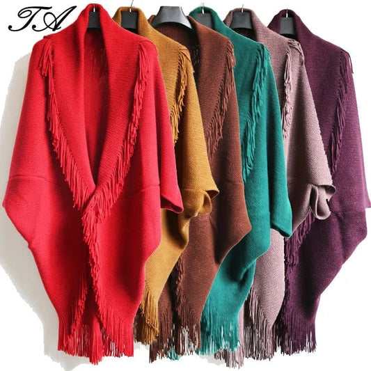 Casual Style Turn-down Collar And Tassels Acrylic Cashmere Knit Female Plus Size Shrugs For Dresses