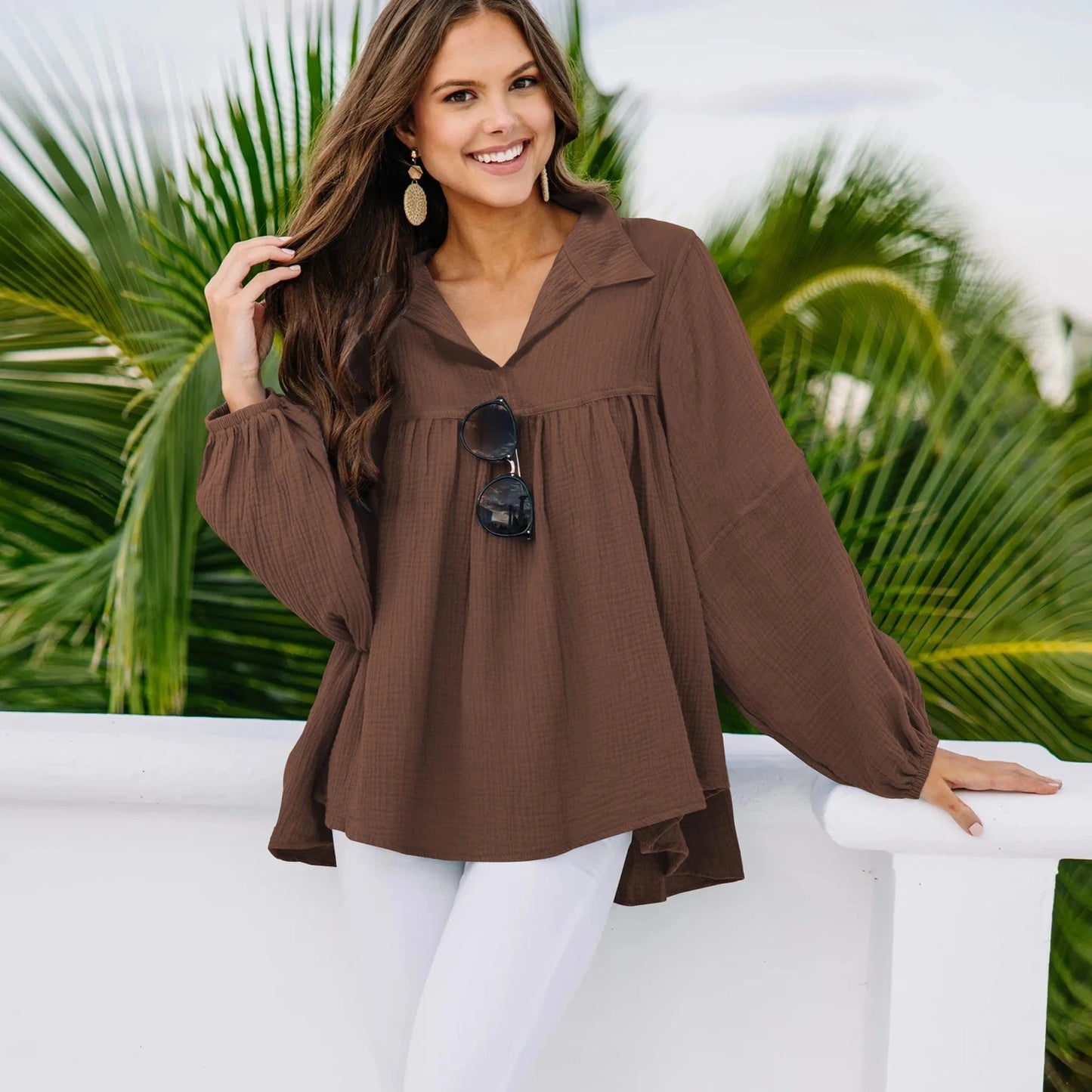 Casual V Neck Soft Rayon Tops 2023 Fashion Solid Shirt Autumn Women Clothing