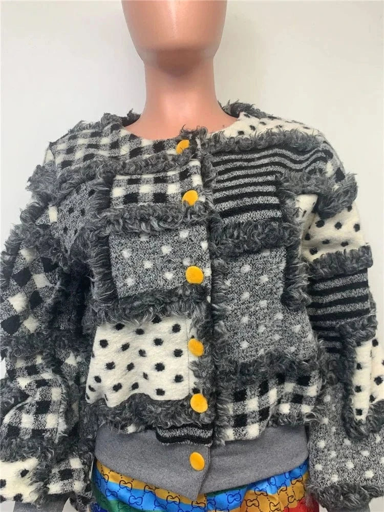 Casual Winter Long Sleeve Jacquard Lamb Wool Coat Women Thick Warm Jacket