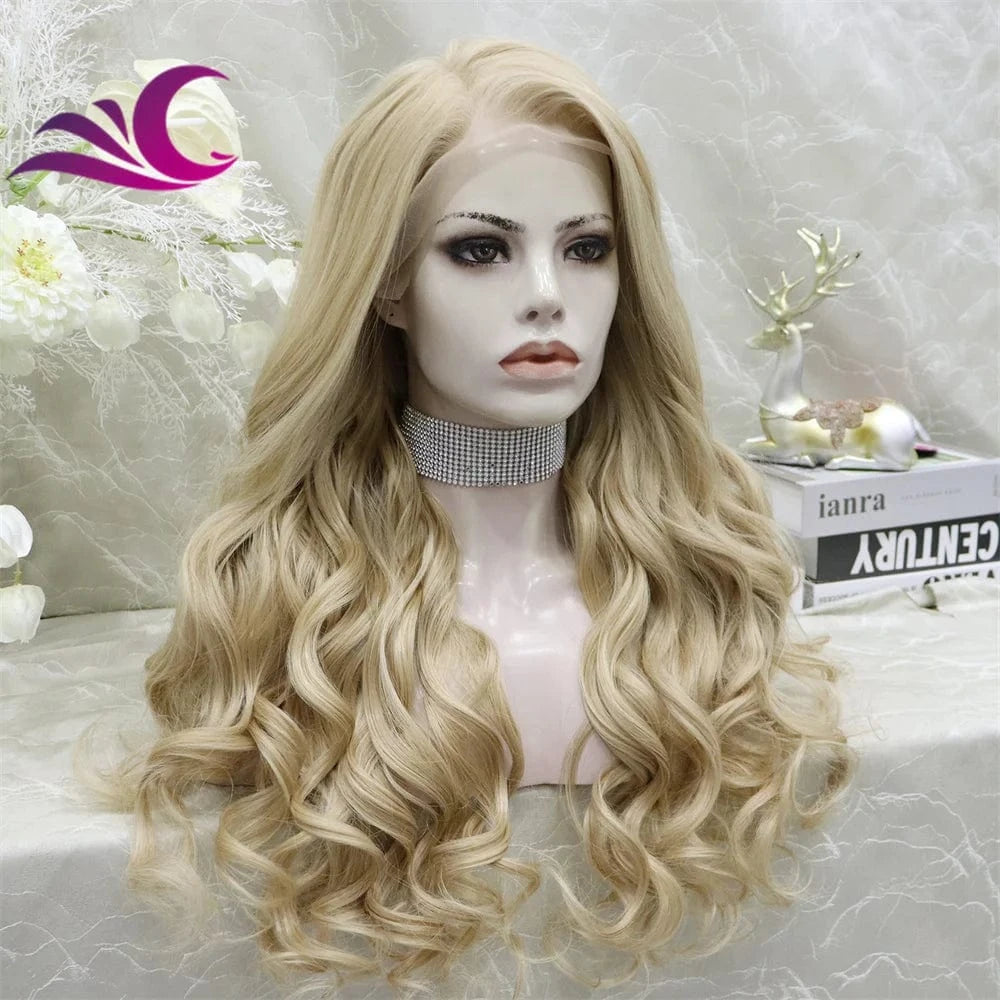 Celebrity 13x6 honey blonde color body wave heat resistant fiber synthetic lace front wig