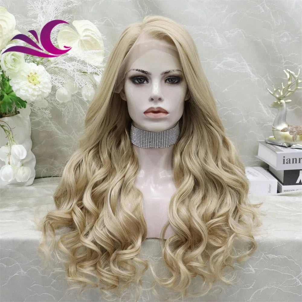 Celebrity 13x6 honey blonde color body wave heat resistant fiber synthetic lace front wig