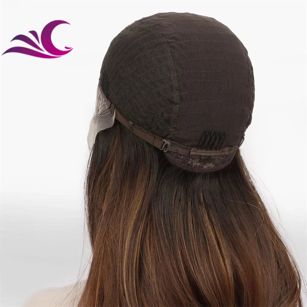 Celebrity caramel brown color fashion layer cut hair style t part middle part heat resistant synthetic fiber hair lace front wig