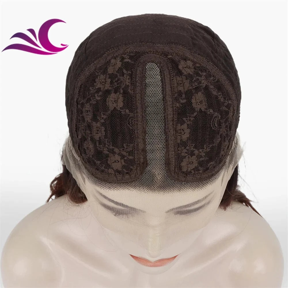 Celebrity caramel brown color fashion layer cut hair style t part middle part heat resistant synthetic fiber hair lace front wig