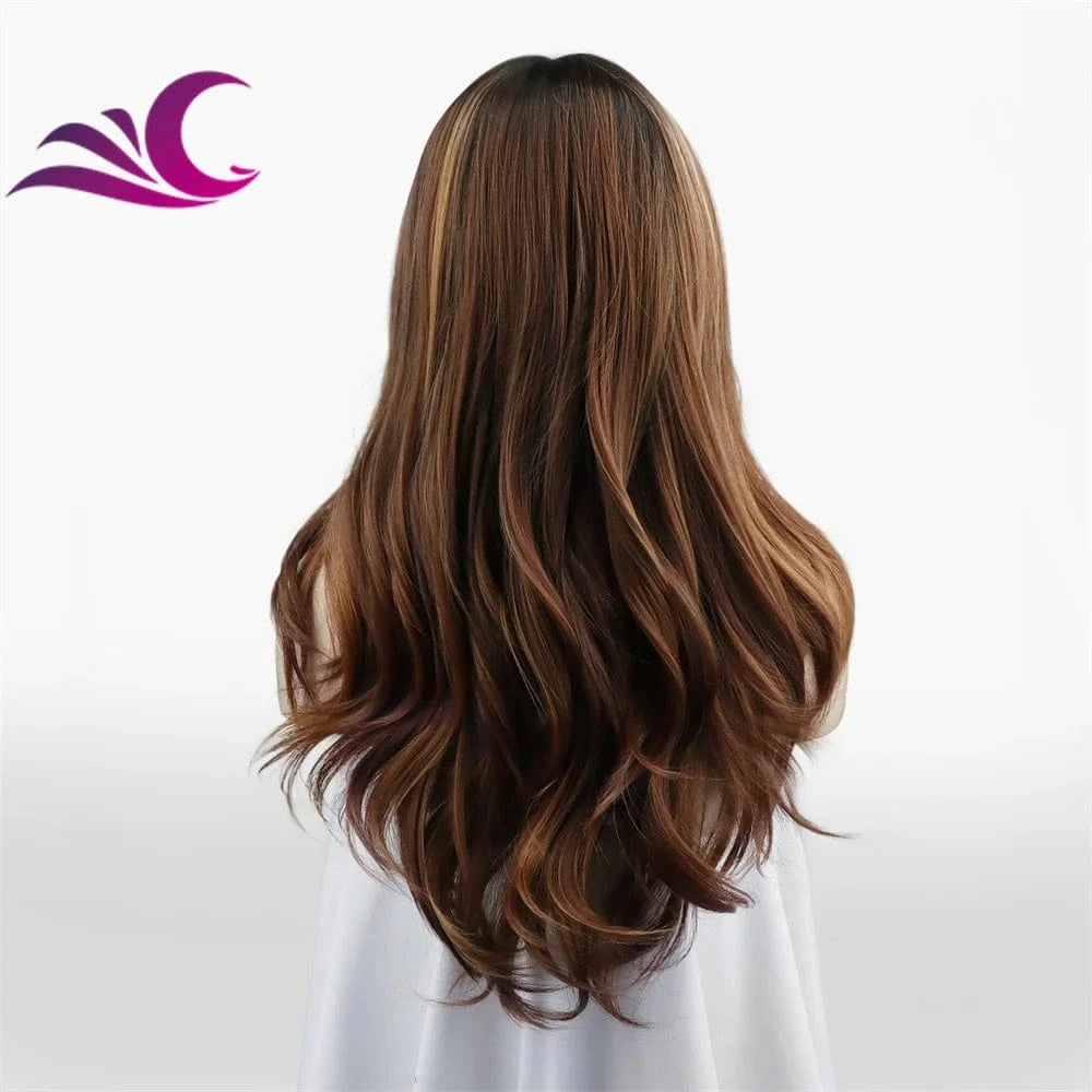 Celebrity caramel brown color fashion layer cut hair style t part middle part heat resistant synthetic fiber hair lace front wig