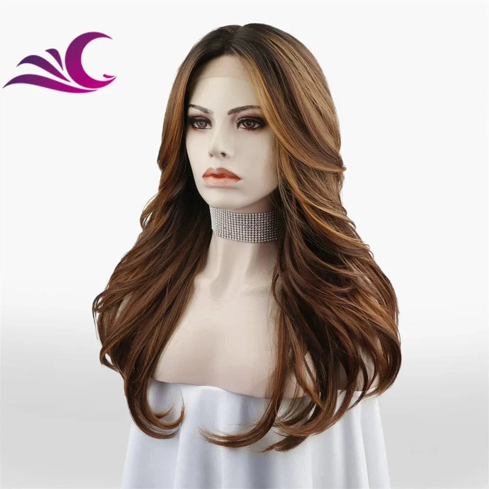 Celebrity caramel brown color fashion layer cut hair style t part middle part heat resistant synthetic fiber hair lace front wig