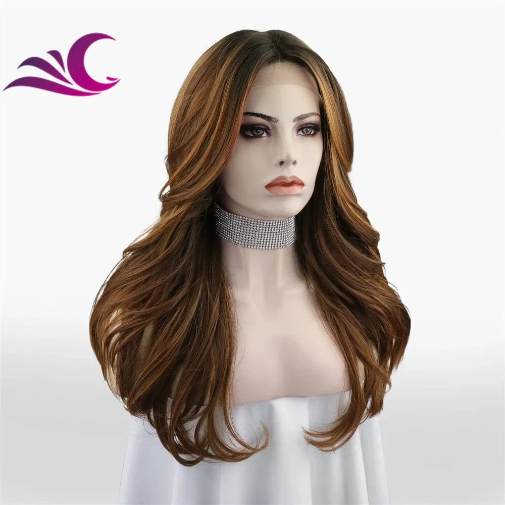 Celebrity caramel brown color fashion layer cut hair style t part middle part heat resistant synthetic fiber hair lace front wig