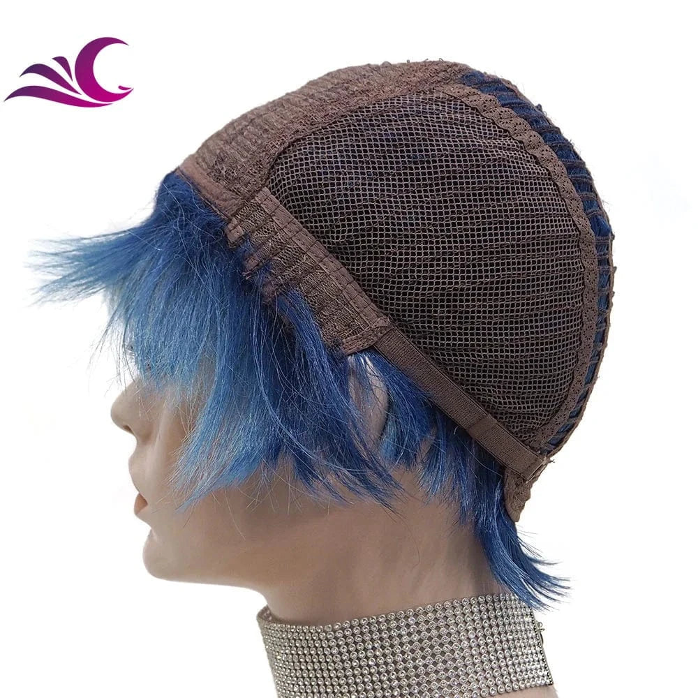 Celebrity Cosplay Wig Blue Color Short Pixie Cut Fiber Synthetic Wigs High Temperature Wholesale Synthetic Hair Wigs