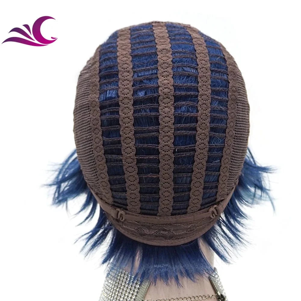 Celebrity Cosplay Wig Blue Color Short Pixie Cut Fiber Synthetic Wigs High Temperature Wholesale Synthetic Hair Wigs
