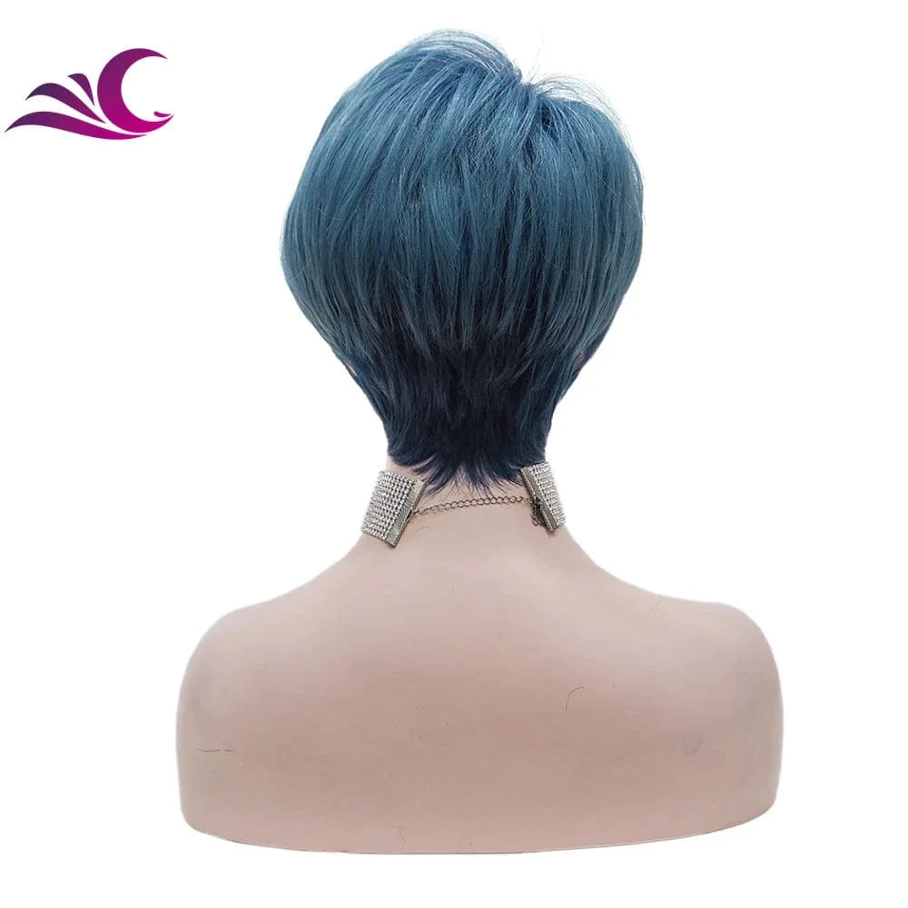 Celebrity Cosplay Wig Blue Color Short Pixie Cut Fiber Synthetic Wigs High Temperature Wholesale Synthetic Hair Wigs