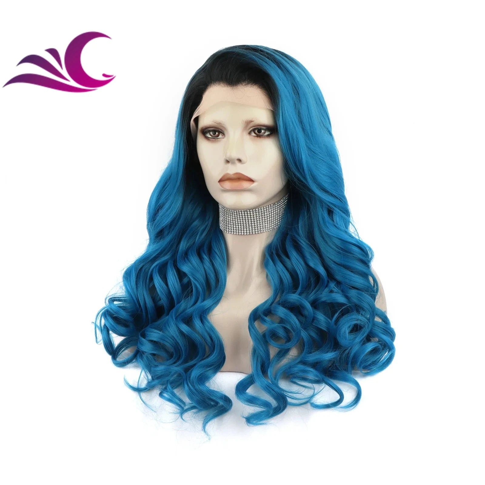 Celebrity dark root ombre blue colorful wig heat resistant fiber synthetic lace front wig suit for cosplay drag queen