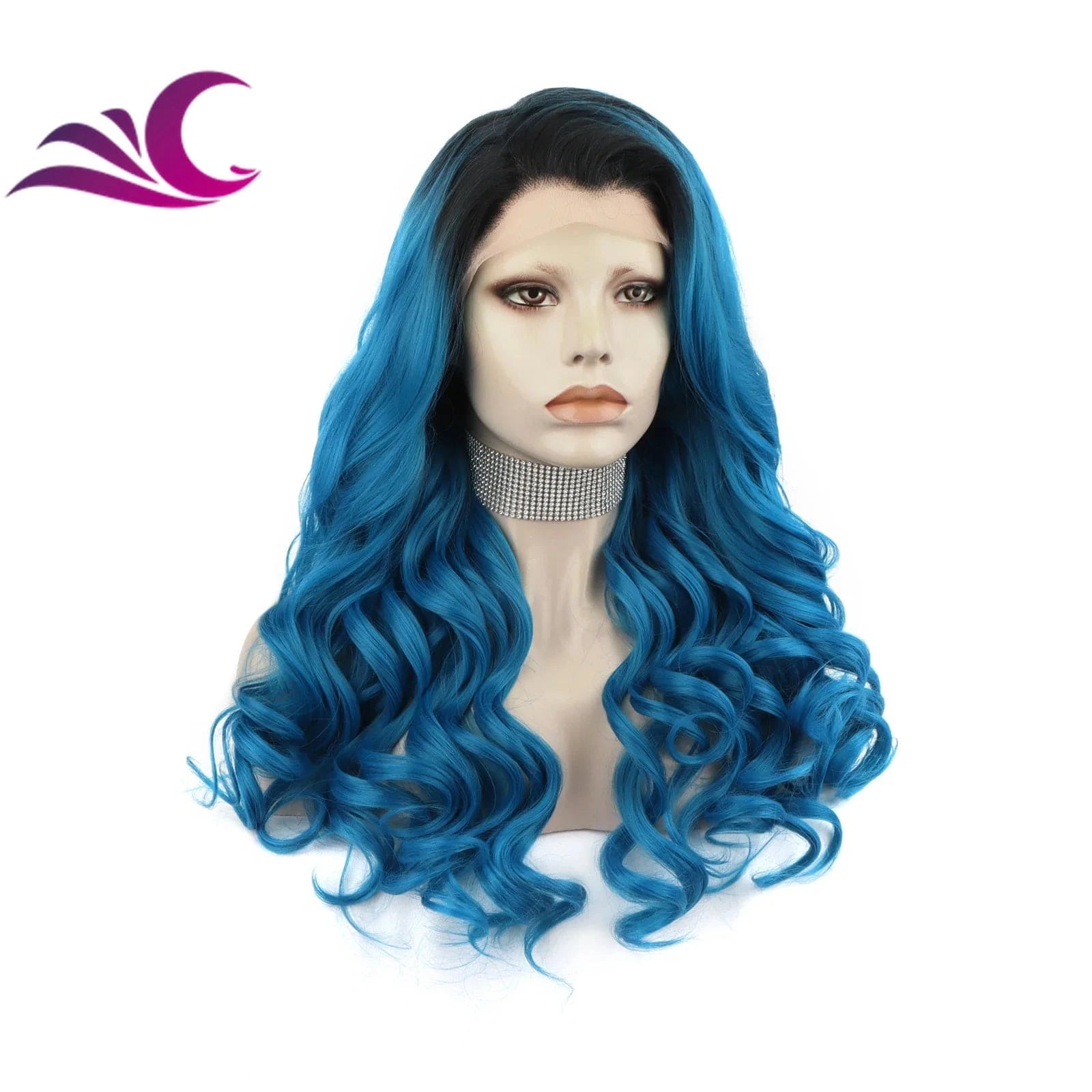 Celebrity dark root ombre blue colorful wig heat resistant fiber synthetic lace front wig suit for cosplay drag queen