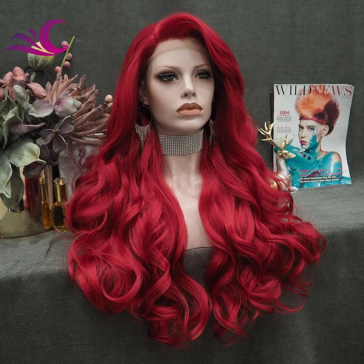 Celebrity fire red color long curl pre-plucked natural hairline heat friendly synthetic hair lace front wig