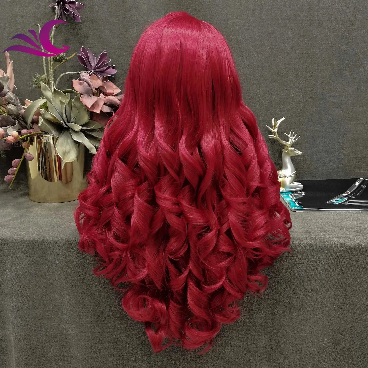 Celebrity fire red color long curl pre-plucked natural hairline heat friendly synthetic hair lace front wig