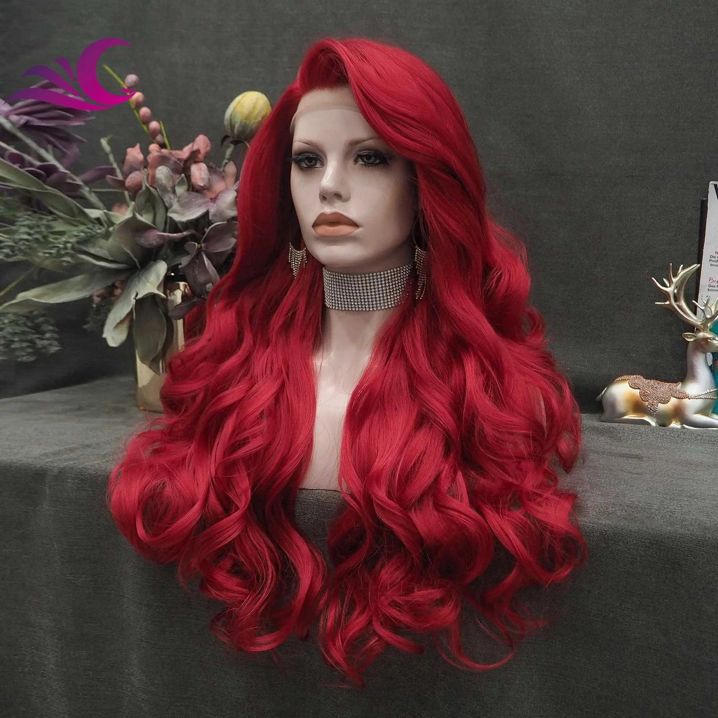 Celebrity fire red color long curl pre-plucked natural hairline heat friendly synthetic hair lace front wig