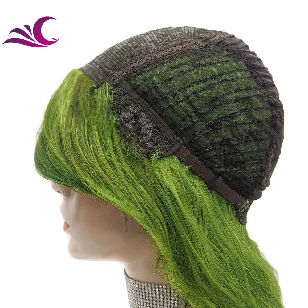 Celebrity Green Ombre Color Glueless Full Machine Wig Heat Resistant Fiber for Cosplay Drag Queen