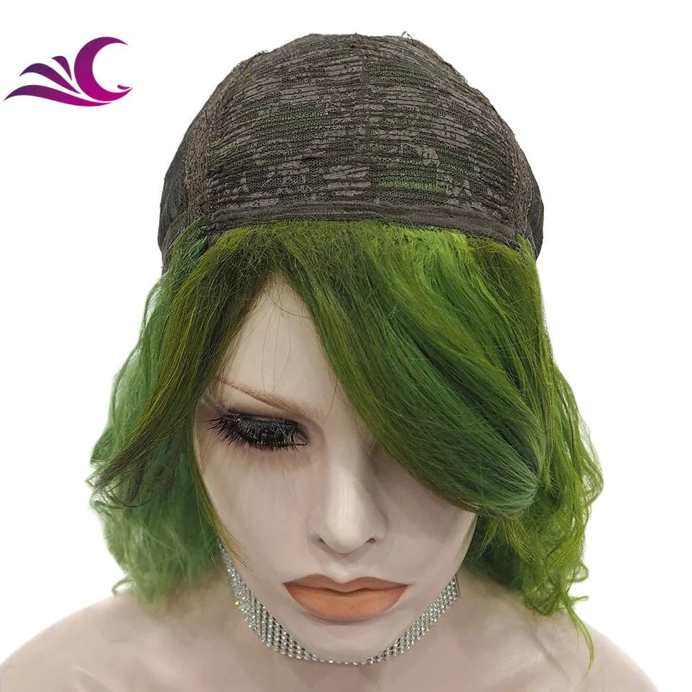 Celebrity Green Ombre Color Glueless Full Machine Wig Heat Resistant Fiber for Cosplay Drag Queen