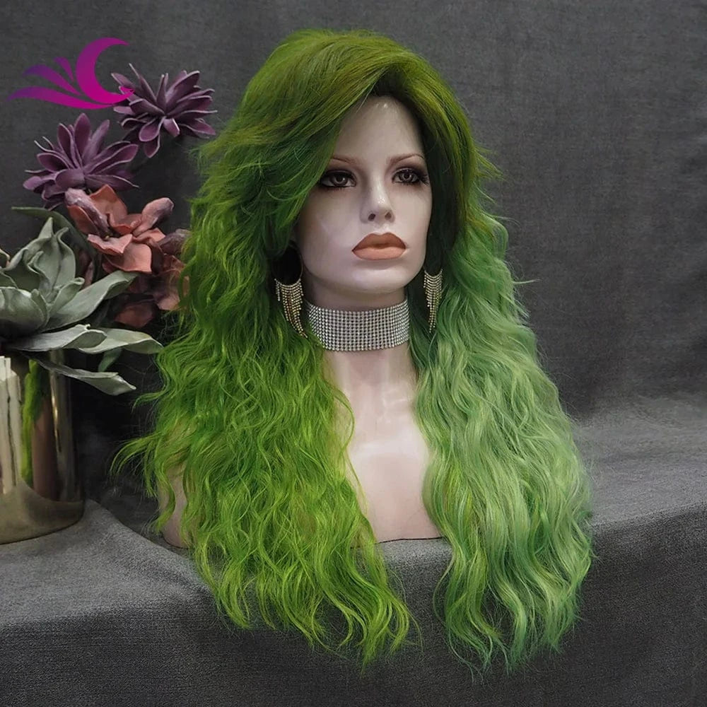 Celebrity Green Ombre Color Glueless Full Machine Wig Heat Resistant Fiber for Cosplay Drag Queen