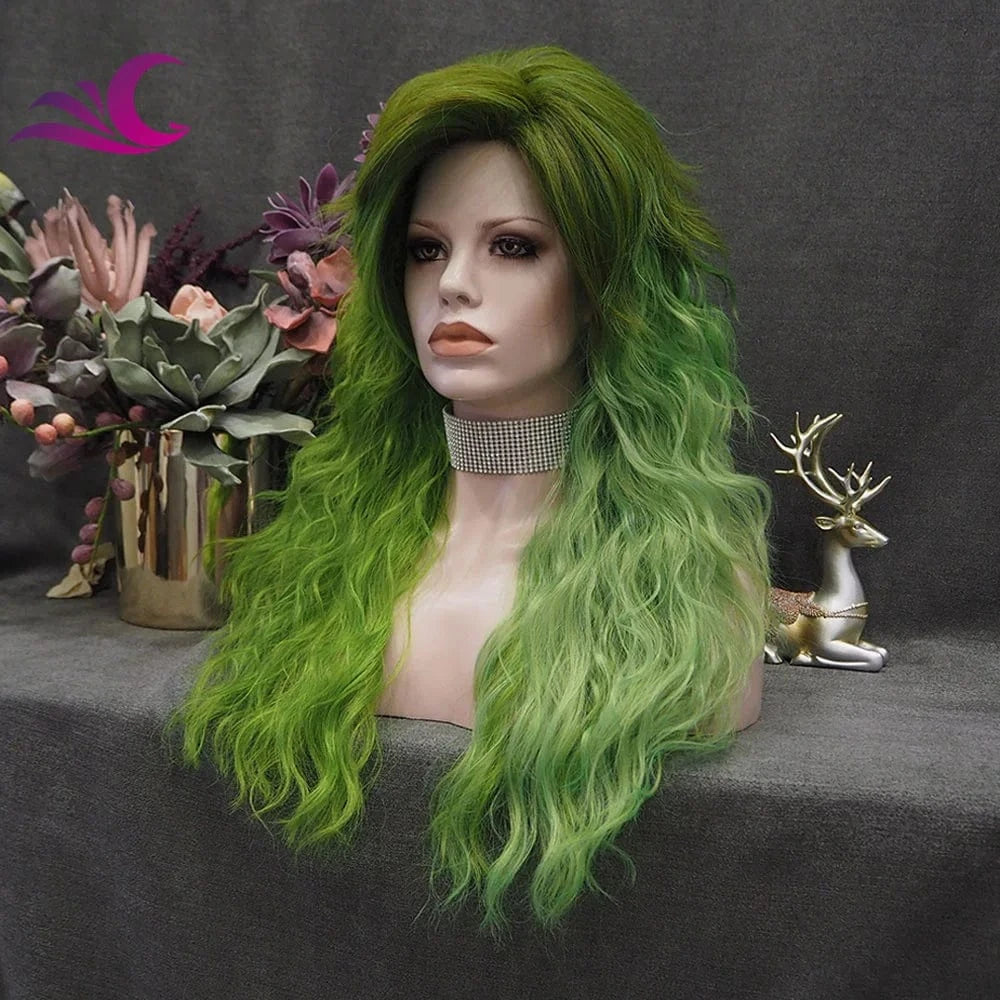 Celebrity Green Ombre Color Glueless Full Machine Wig Heat Resistant Fiber for Cosplay Drag Queen