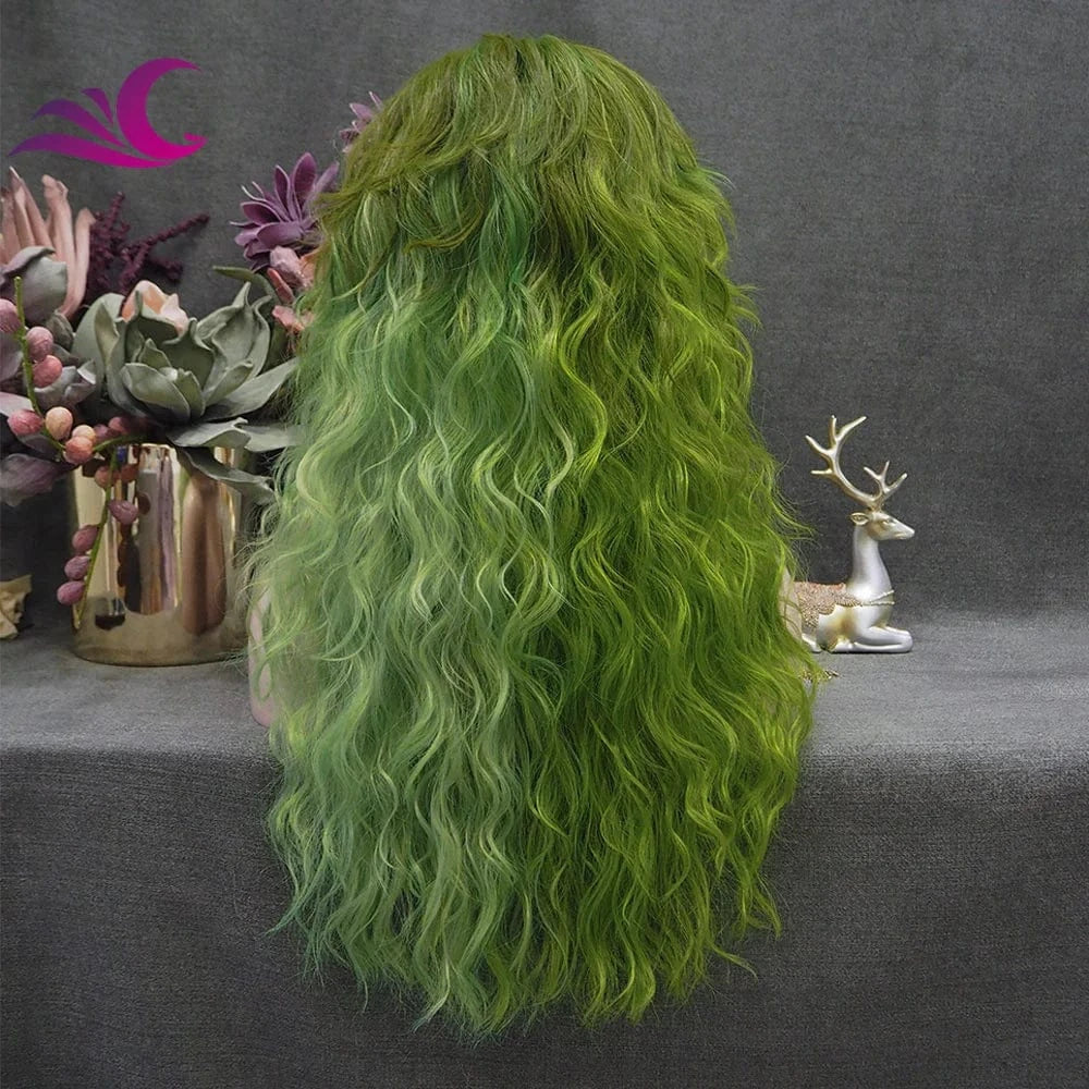 Celebrity Green Ombre Color Glueless Full Machine Wig Heat Resistant Fiber for Cosplay Drag Queen