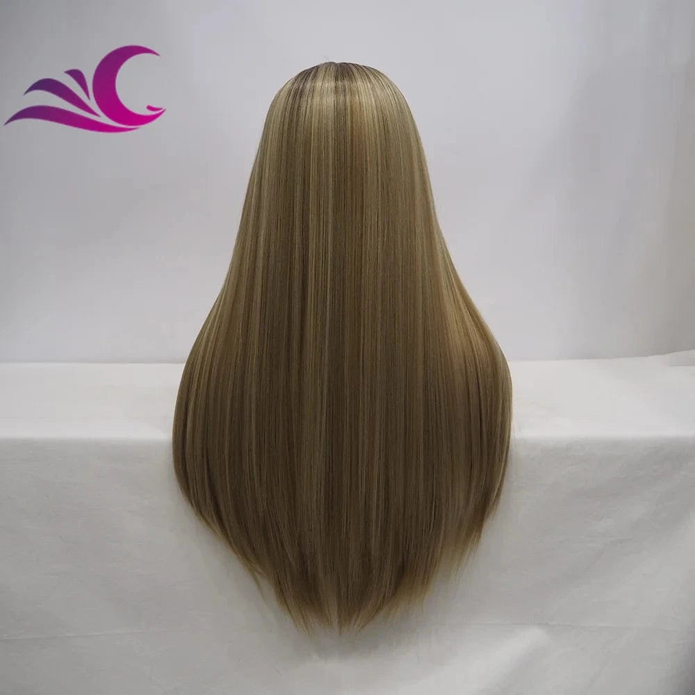 Celebrity high density silky straight honey blonde highlight synthetic lace front wig