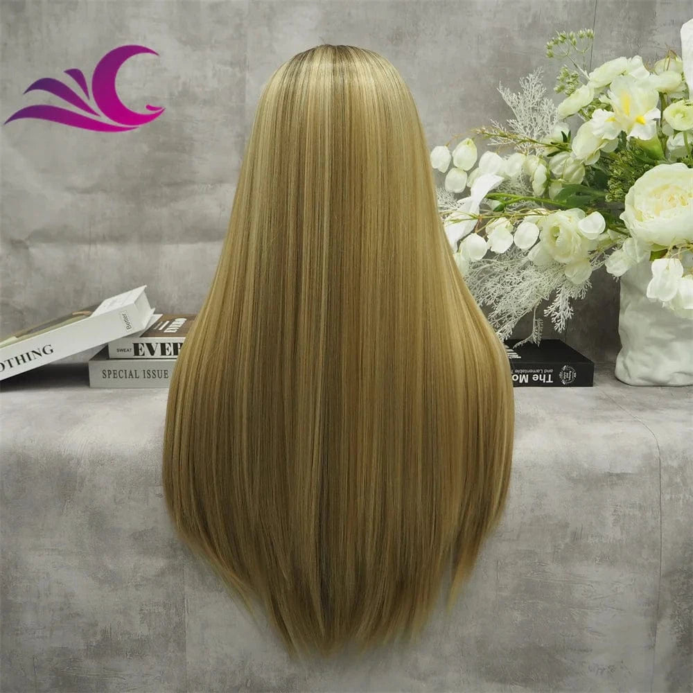 Celebrity high density silky straight honey blonde highlight synthetic lace front wig