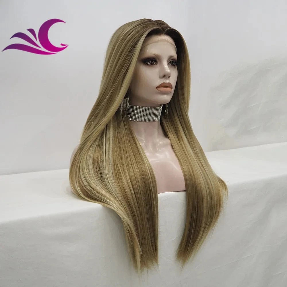 Celebrity high density silky straight honey blonde highlight synthetic lace front wig