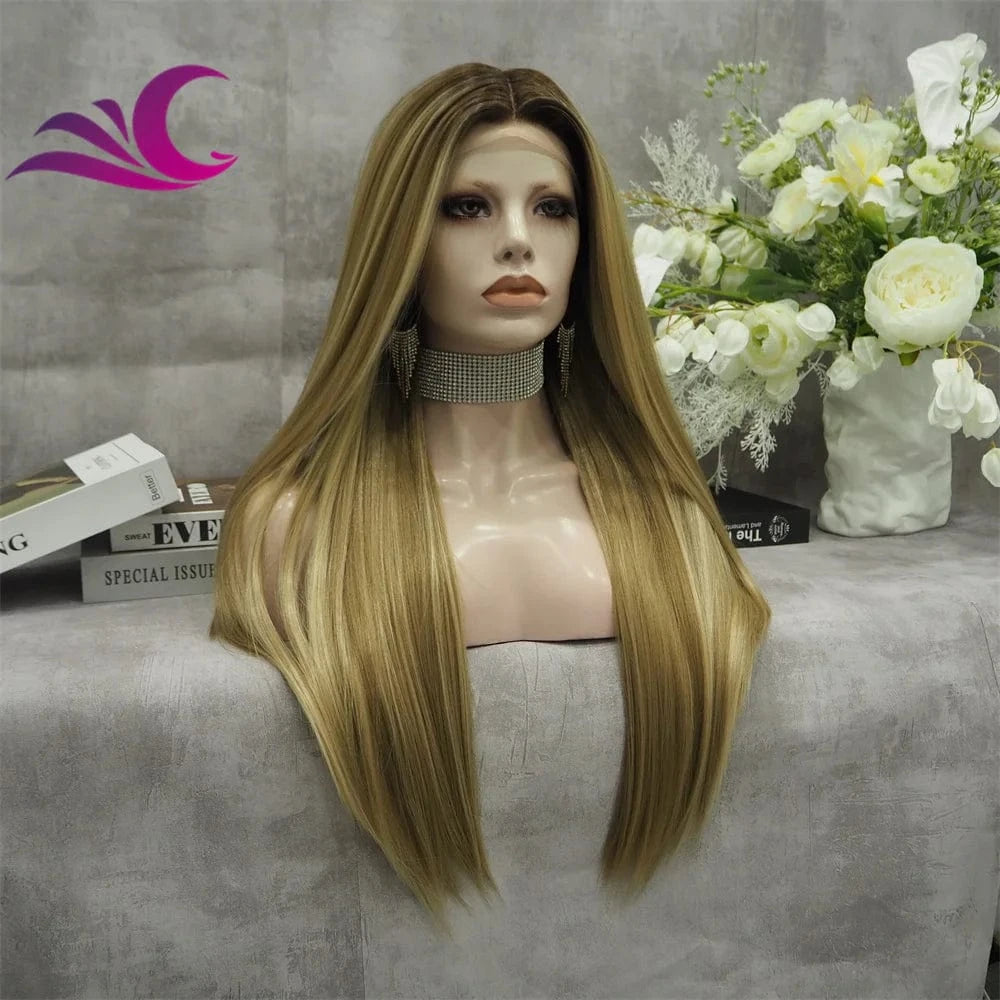 Celebrity high density silky straight honey blonde highlight synthetic lace front wig