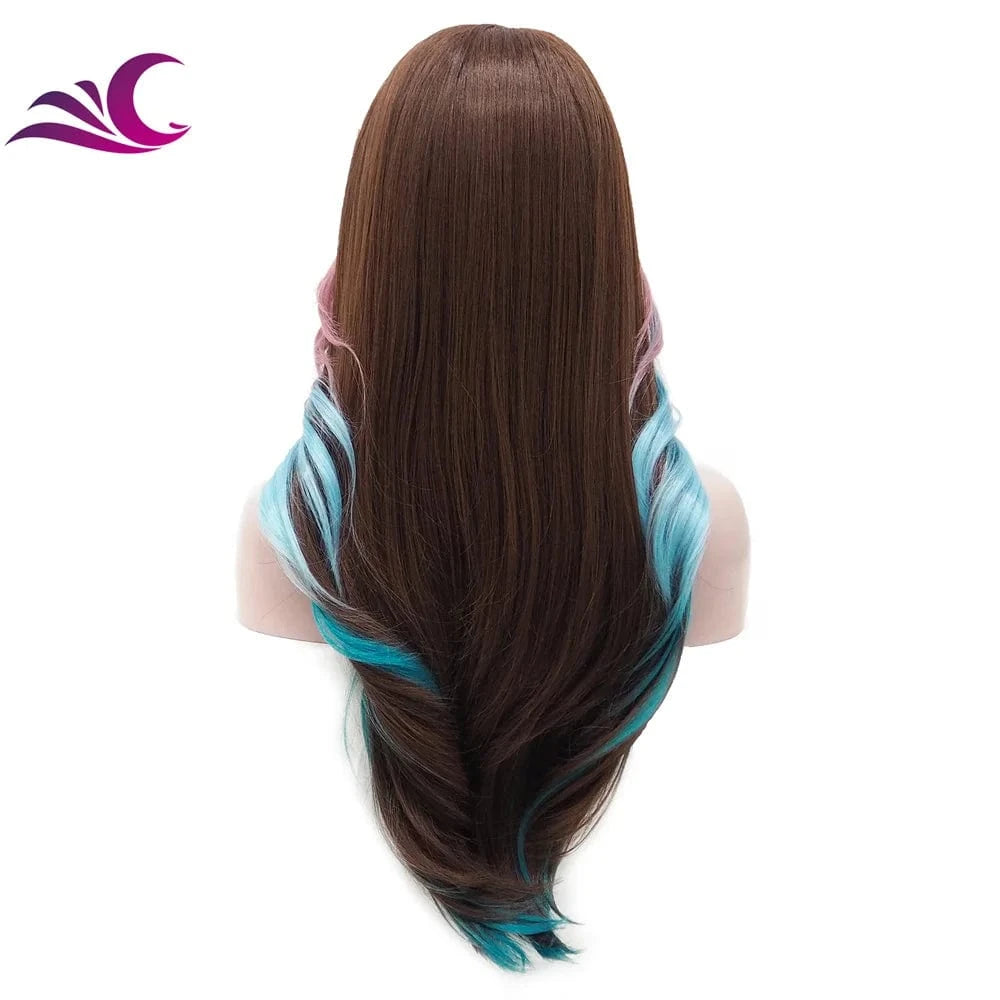 Celebrity layer wig blue pink highlight in both side brown synthetic wig futura fiber replacement Human Hair Wig