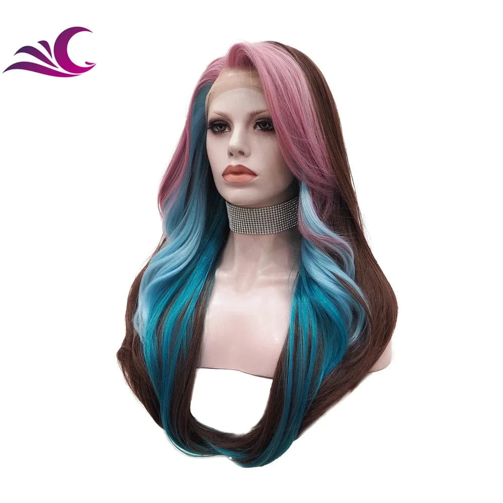 Celebrity layer wig blue pink highlight in both side brown synthetic wig futura fiber replacement Human Hair Wig