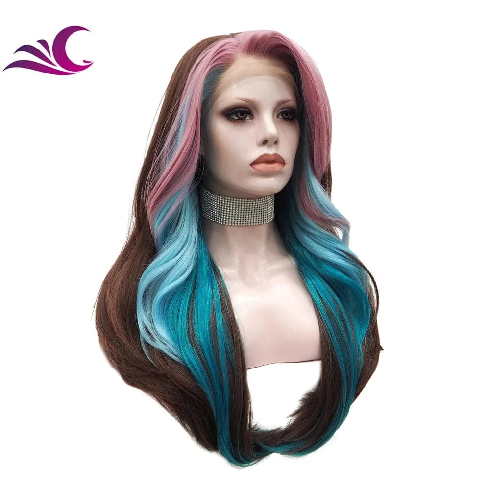Celebrity layer wig blue pink highlight in both side brown synthetic wig futura fiber replacement Human Hair Wig