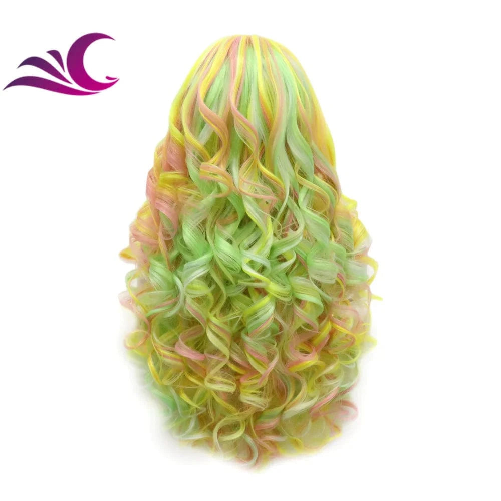 Celebrity multi-color pink green yellow mix fiber cosplay drag queen theatre synthetic hair lace front wig