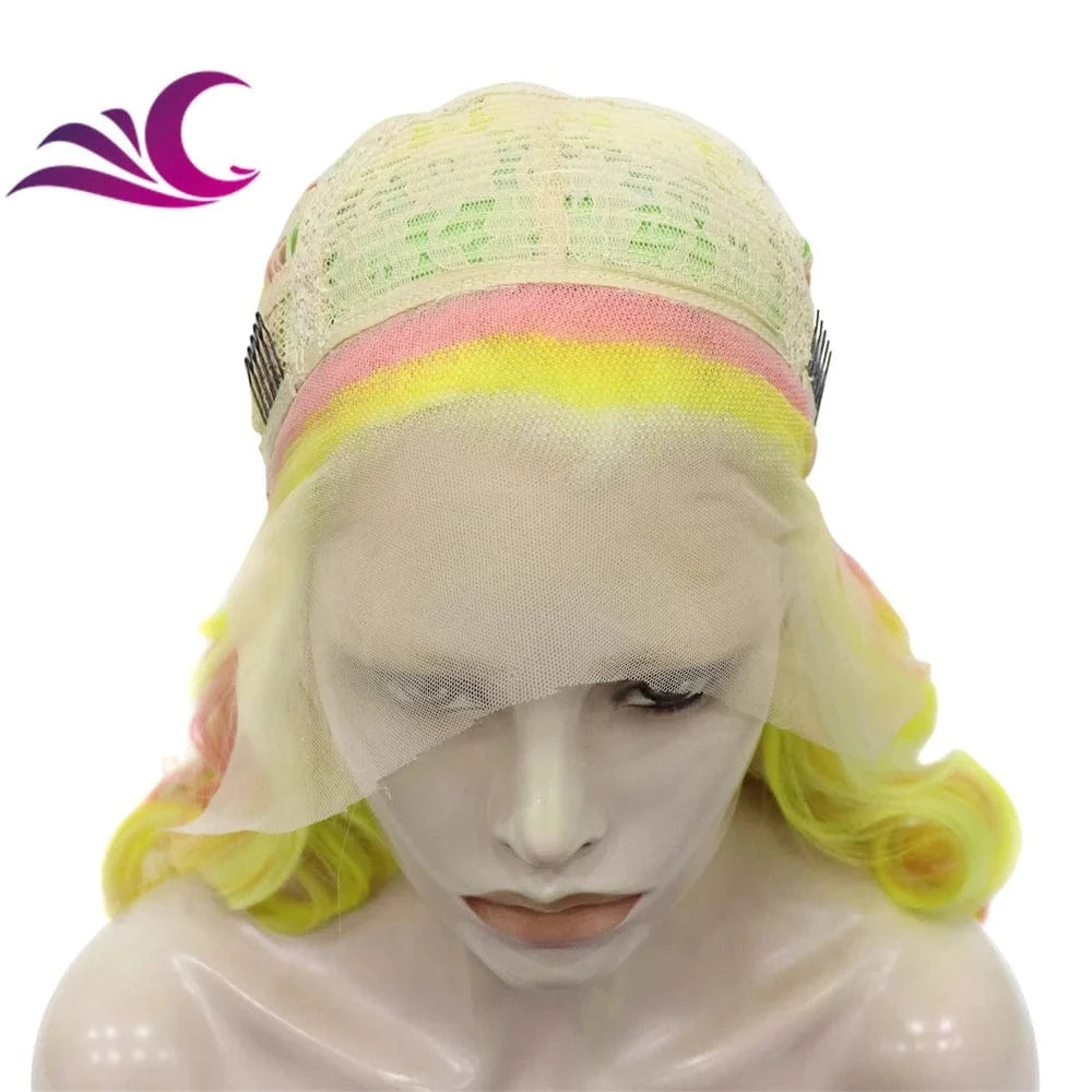 Celebrity multi-color pink green yellow mix fiber cosplay drag queen theatre synthetic hair lace front wig