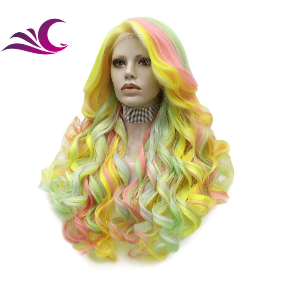 Celebrity multi-color pink green yellow mix fiber cosplay drag queen theatre synthetic hair lace front wig