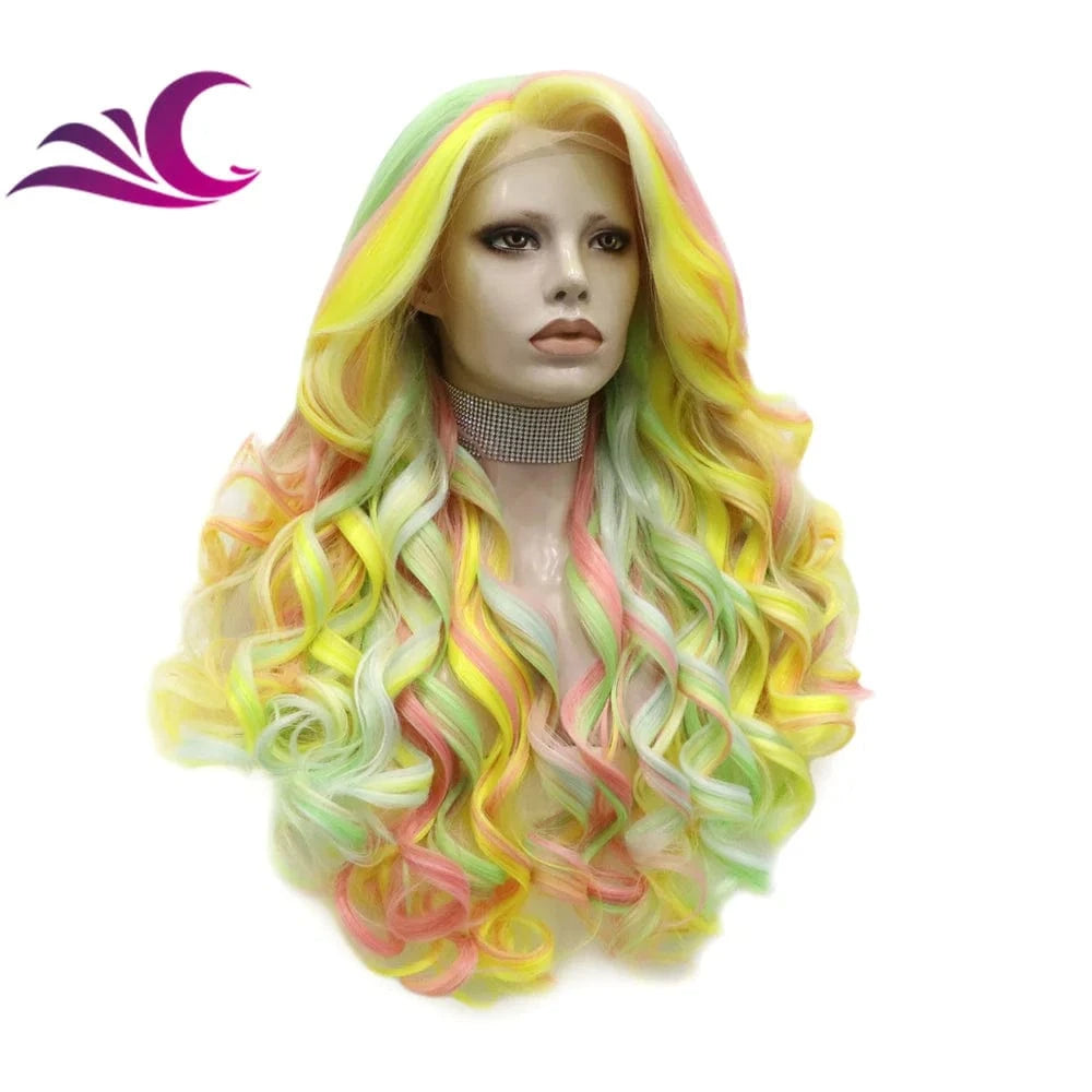 Celebrity multi-color pink green yellow mix fiber cosplay drag queen theatre synthetic hair lace front wig