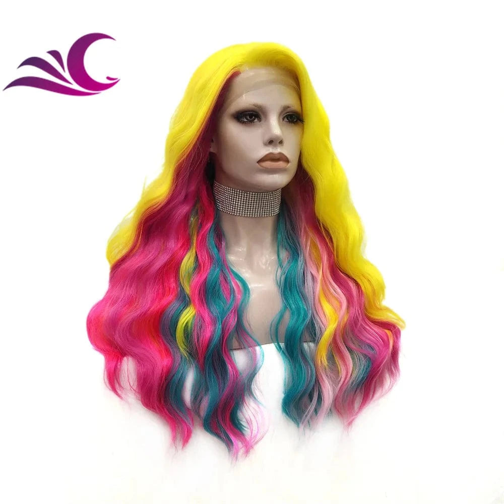 Celebrity multi-color rainbow neon wig ins style long wave lace front wig pre-plucked natural hairline heat resistant wig