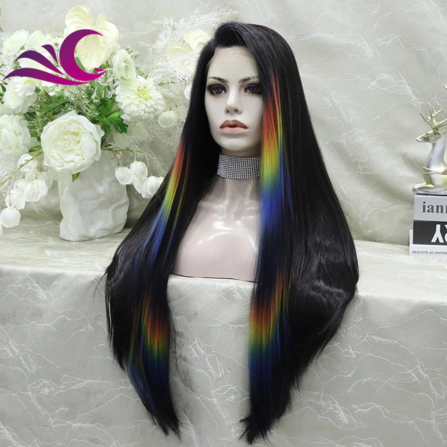 Celebrity new desgin ombre colorful highlight black natural color heat resistant futura fiber lace front wig