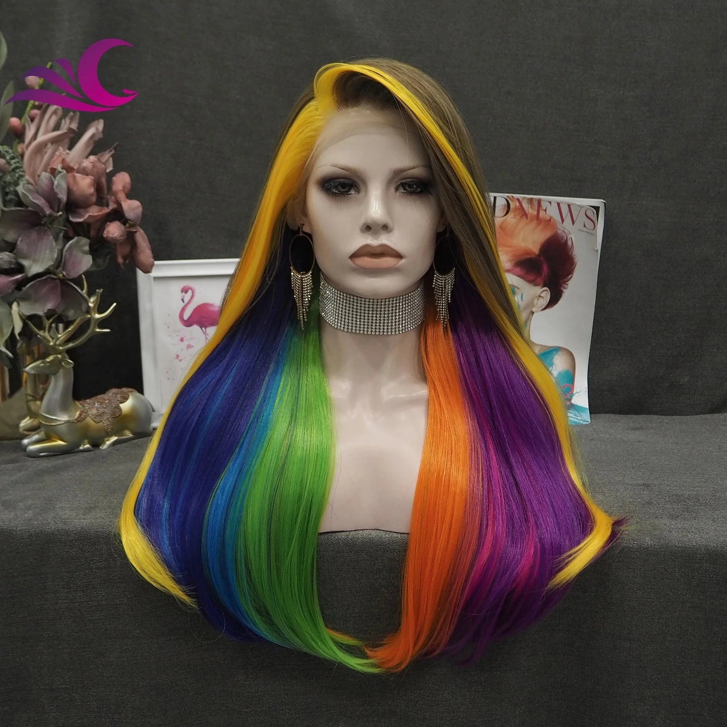 Celebrity new desgin ombre colorful highlight black natural color heat resistant futura fiber lace front wig