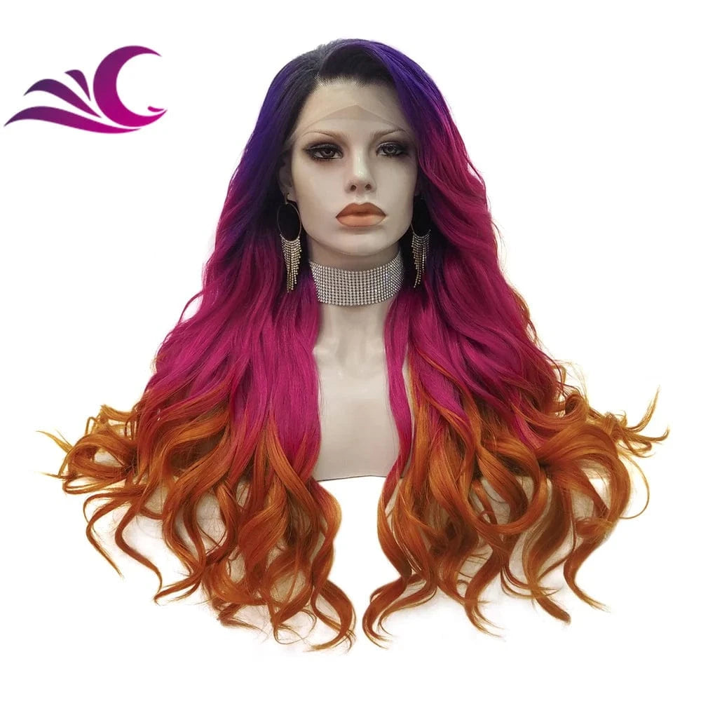Celebrity new desgin ombre colorful highlight black natural color heat resistant futura fiber lace front wig