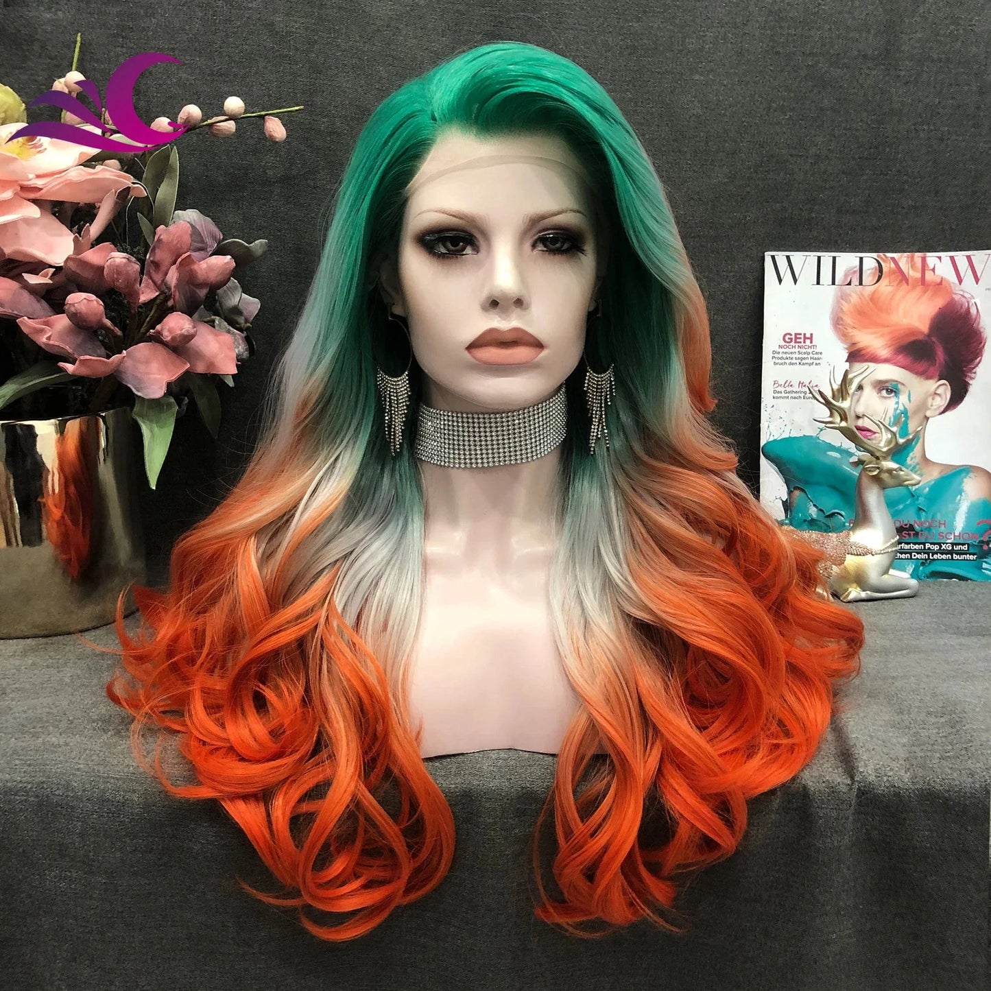 Celebrity new desgin ombre colorful highlight black natural color heat resistant futura fiber lace front wig