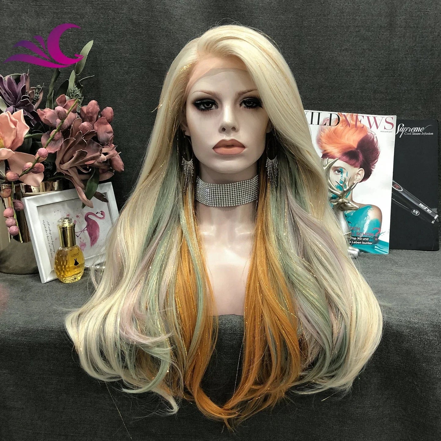 Celebrity new desgin ombre colorful highlight black natural color heat resistant futura fiber lace front wig