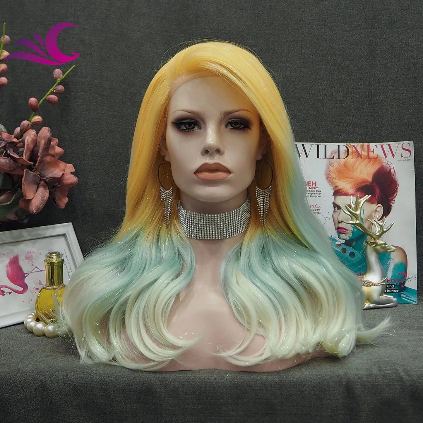Celebrity new desgin ombre colorful highlight black natural color heat resistant futura fiber lace front wig